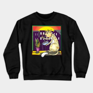 Cat Eating Spaghetti And Watching Sunset Scene Crewneck Sweatshirt